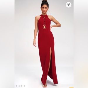 Lulu's Can't Take My Eyes Off Of You Wine Red Lace-Up Halter Maxi Dress
